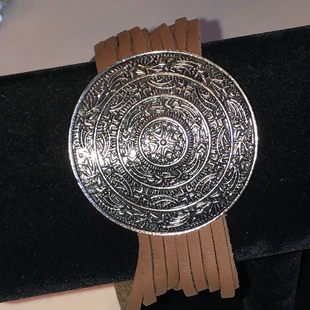 Brown Faux Leather Bracelet with Silver Tone Medallion